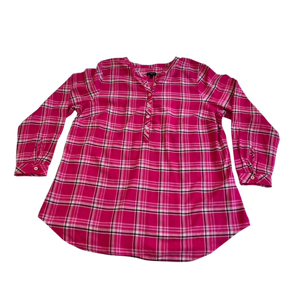 Talbots Woman 1X Pink Plaid Cotton Henley Tunic Blouse Long Sleeve Flowy Preppy